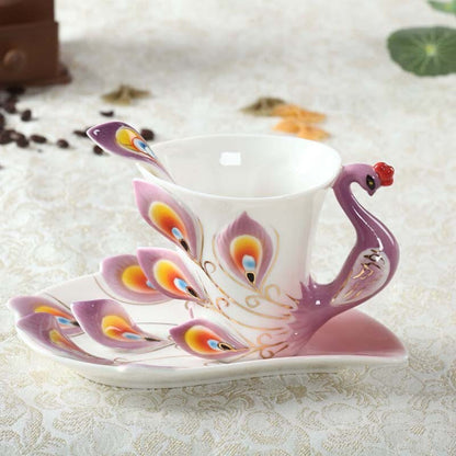 Beautiful Purple Peacock Coffee Cup Set Porcelain Tea Cup Set With Dish Spoon