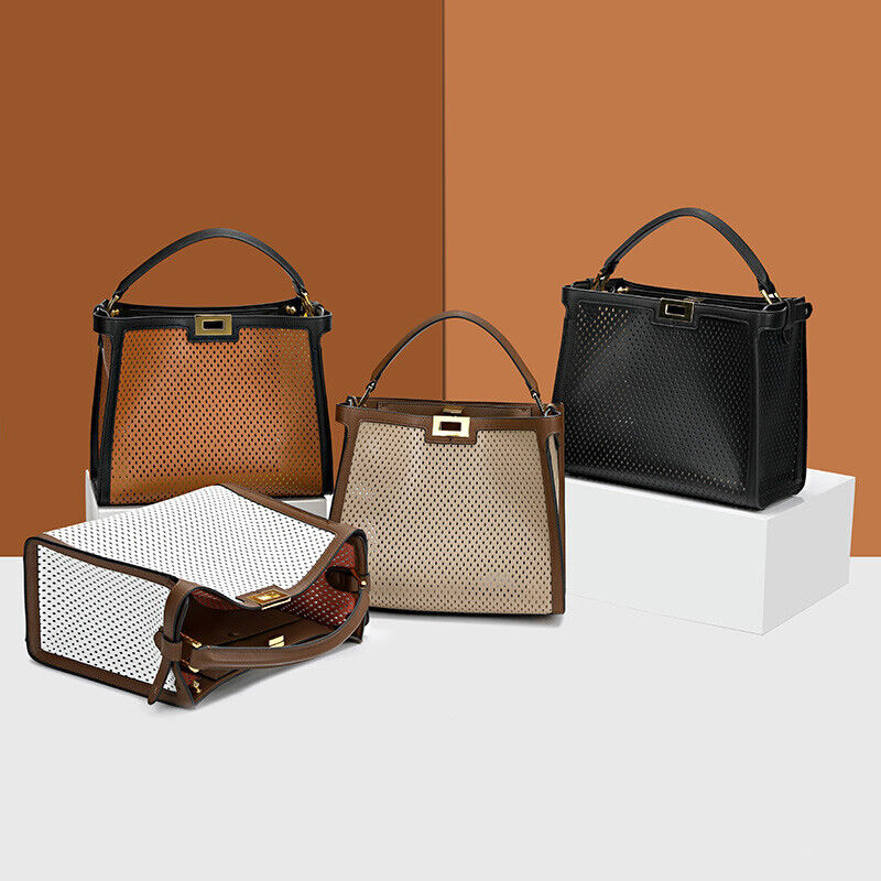 Trapezoid Perforated Real Leather Shoulder Bag Tote Handbag Purse Briefcase