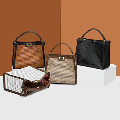 Trapezoid Perforated Real Leather Shoulder Bag Tote Handbag Purse Briefcase