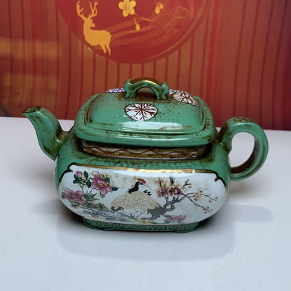 Vintage Chinese Yixing Purple Clay Teapot Zisha Enamel Nice Flower Bird Teaware