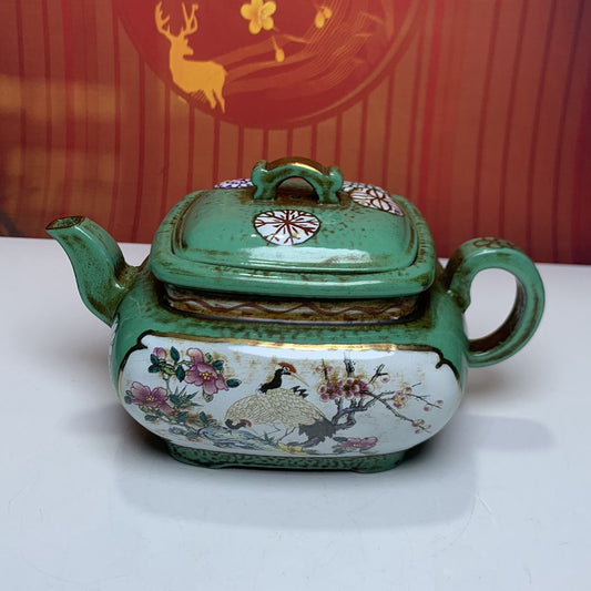 Vintage Chinese Yixing Purple Clay Teapot Zisha Enamel Nice Flower Bird Teaware