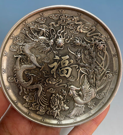 Rare Old Collection Chinese Tibet Silver Handcarved Dragon Phoenix Plate Gift
