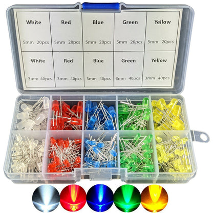 300 Piece Diffused Lens LEDs, 3mm & 5mm, Colors: White, Red, Blue, Green, Yellow