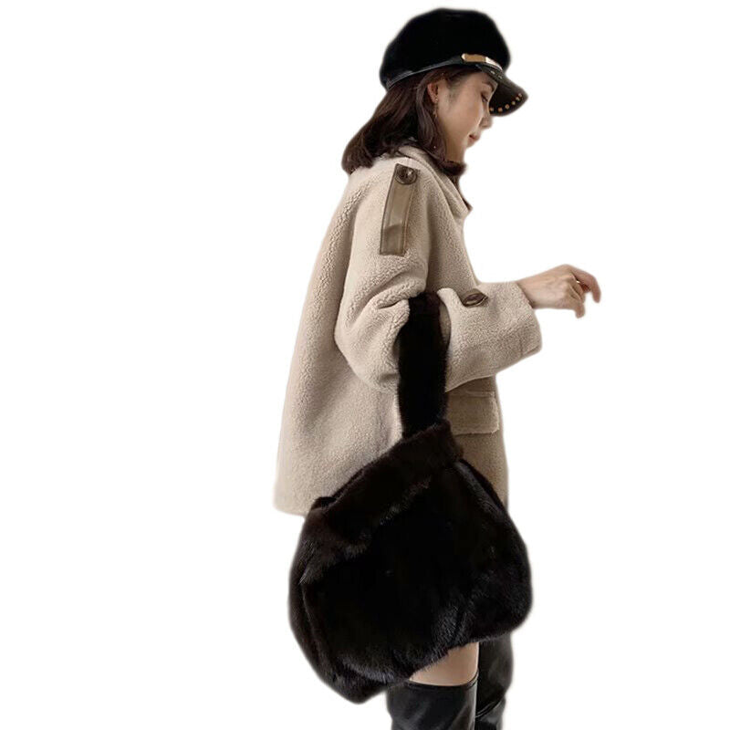 Womens Real Fur Handbag Full-pelt Mink Fur Tote Bag Genuine Sheep Leather Bottom