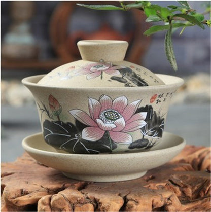 Pottery Gaiwan Floral Mountain-river Tureen Chinese Tea Cup Bowl Lid Saucer Cups