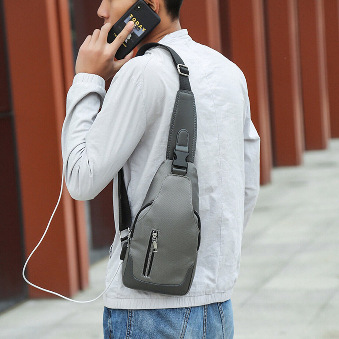 Men Durable Sling Bag USB Charging Port Chest Bags Outdoor Oxford Multipurpose