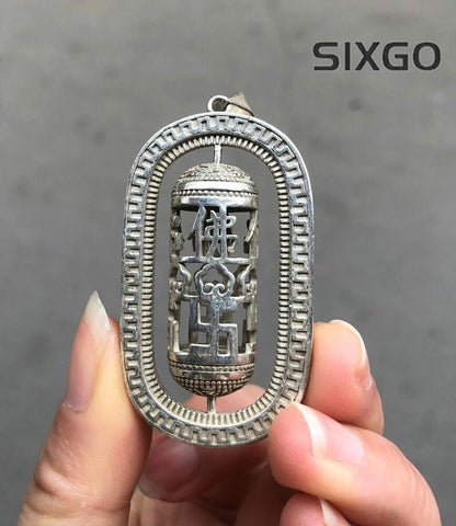 Rare China Miao Silver Carved Hollow Buddha Buddhism Statue Pendant Necklace