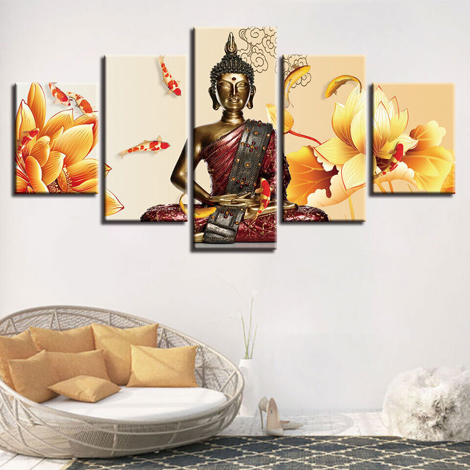 Buddha Meditation Statue Lotus Koi Fish Canvas Prints Painting Wall Art Decor 5P