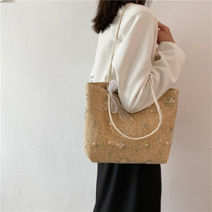 Women Shoulder Bag Large Capacity Female Handbag Simple Casual Straw Woven Style