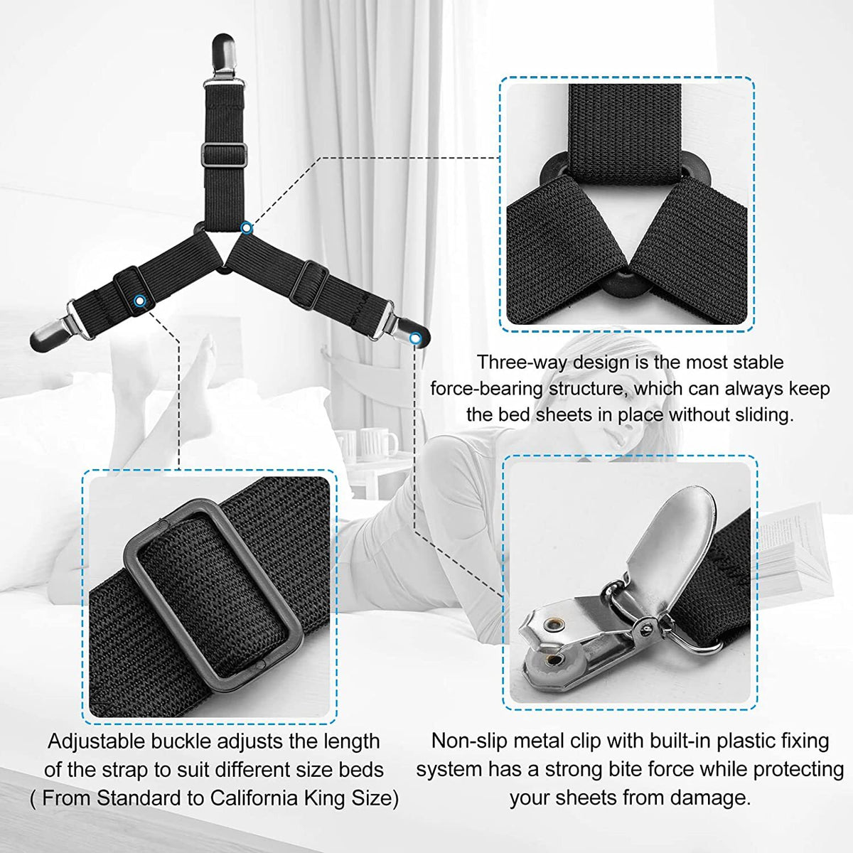 4Bed Sheet Fasteners Adjustable Elastic Suspenders Straps Mattress Covers Clips