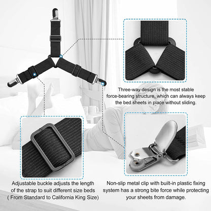 4Bed Sheet Fasteners Adjustable Elastic Suspenders Straps Mattress Covers Clips