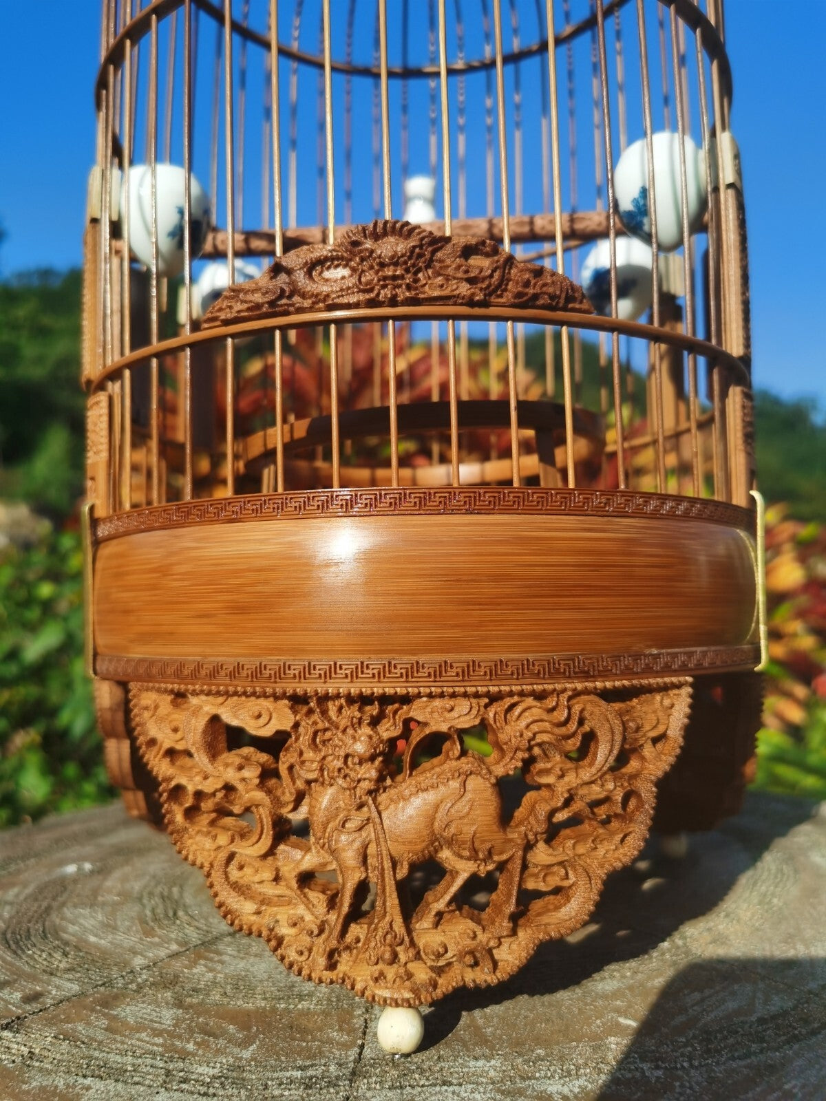 Chinese Carving Oriental Round Shape Bamboo Wood Birdcage Display 22cm