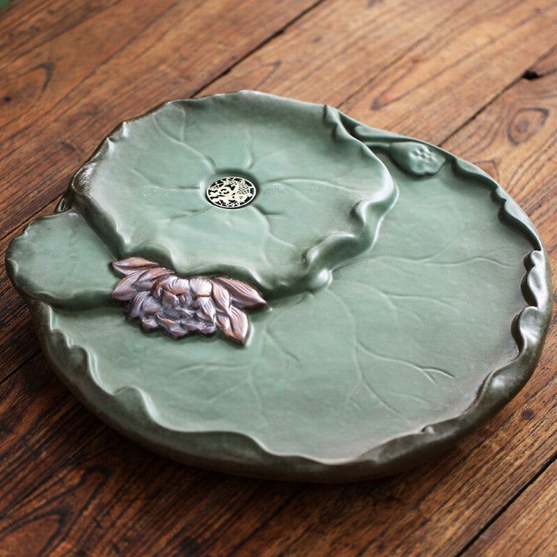 New Handmade Carved Lotus Reservoir Tea Tray Pottery Heavy Tea Table For Tea Set