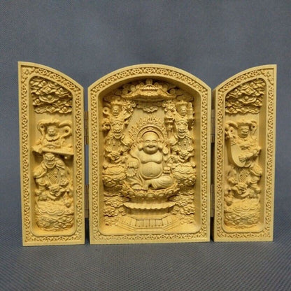 Chinese exquisite boxwood hand-carved Maitreya statue folding ornaments