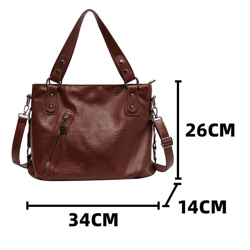 Shoulder Bag Oil Wax Leather Wide Strap Crossbody Bag Zipper Shopper Handbag 1PC