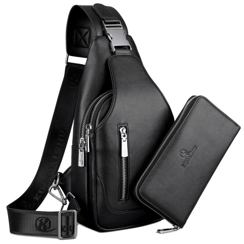 Men's Sling Backpack, Faux Leather Crossbody Chest Bags and Clutch Wallet