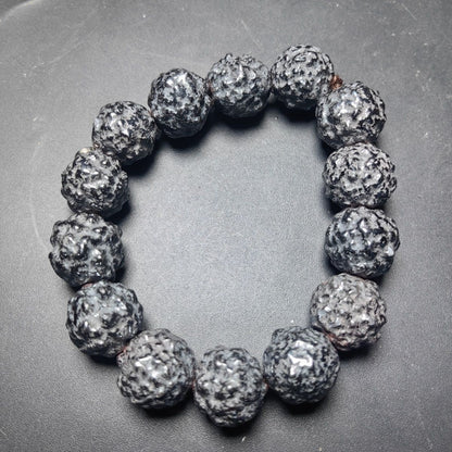12mm Irregular Meteorite Black Glossy Bead Bracelet Unique Men's Accessory