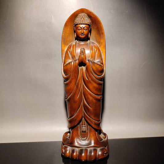 8"antique wood carving Boxwood wooden sculpture artwork buddha statue Shakyamuni