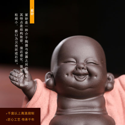 Chinese Happy Buddha Purple Sands Tea Pet 7.9cm Tabletop Decoration Tea Play