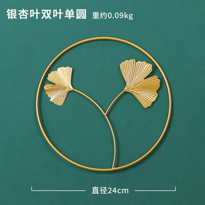 Wall Hanging Ornament 24cm Iron Golden Picture Frame Ginkgo Leaf Palm Tree Decor