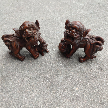 A Pair Wooden Animal Figurines Ball Son Lion Statue Wood Carved Door Home Decor