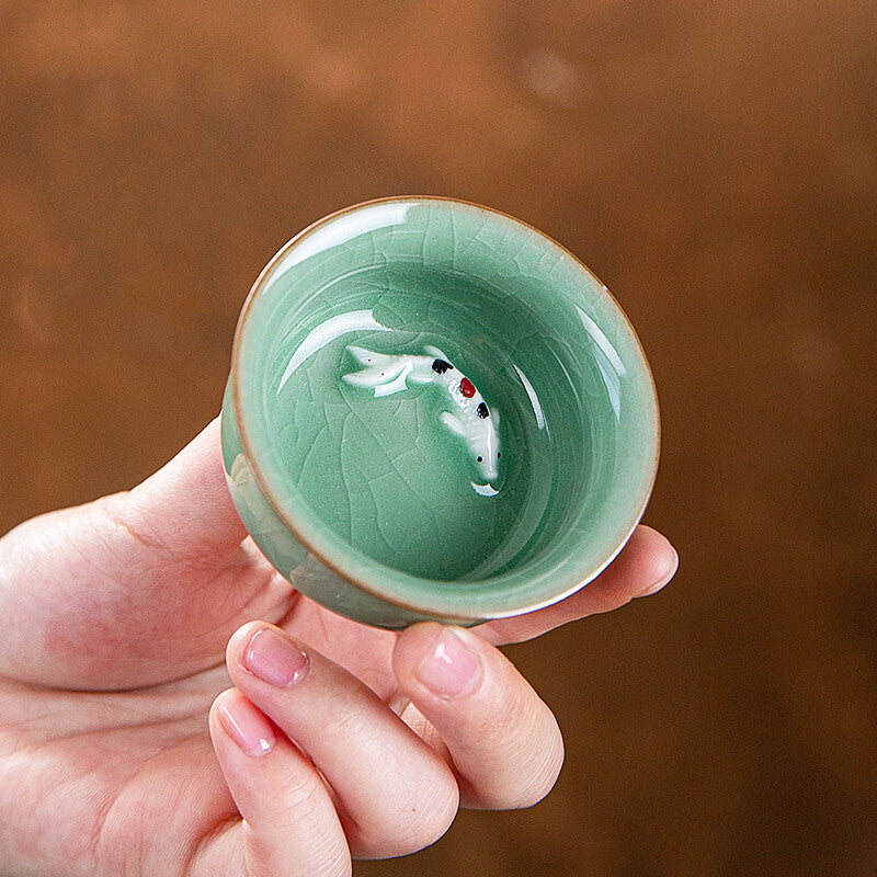 Single Teacup Fish Relief China Longquan Celadon Porcelain Cup Of Tea Master Cup