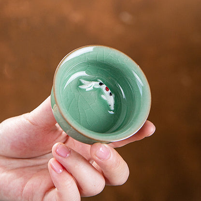 Single Teacup Fish Relief China Longquan Celadon Porcelain Cup Of Tea Master Cup