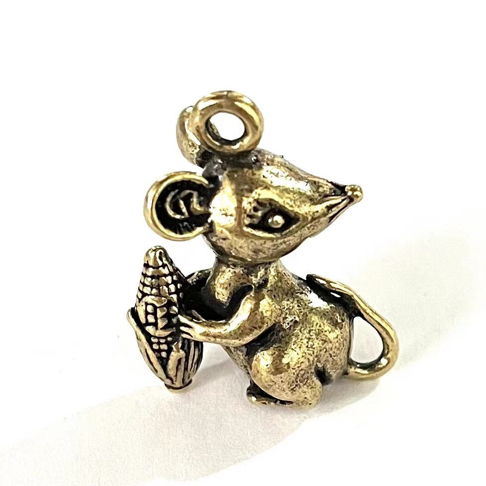 Corn Brass Foo Rat Keychain Small Pendant Zodiac Mini Cute Foo Rat Decoration -