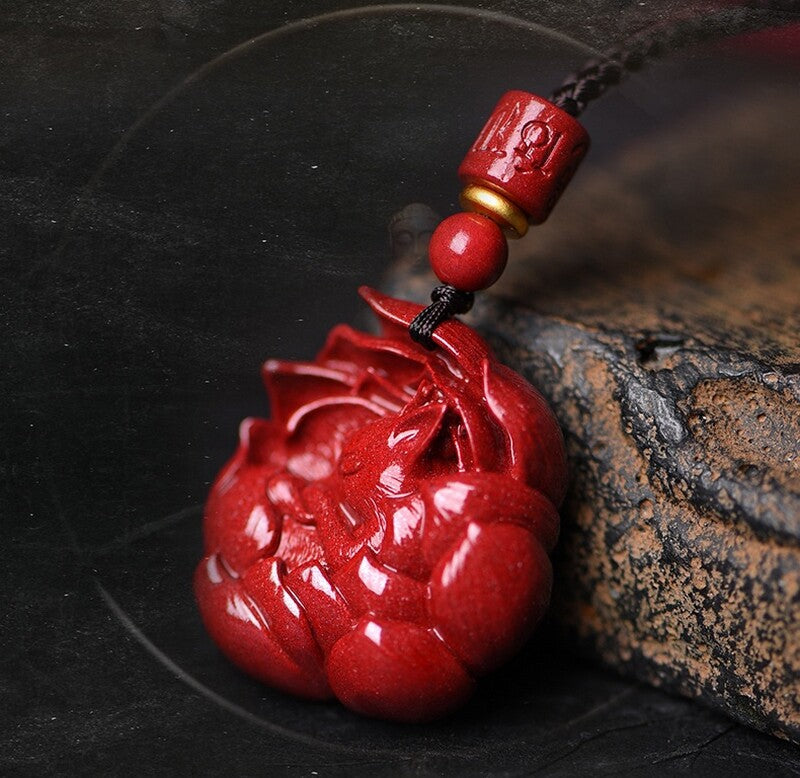 Natural Cinnabar Nine-tailed Fox Carved Pendant Necklace Feng Shui Amulet Decor