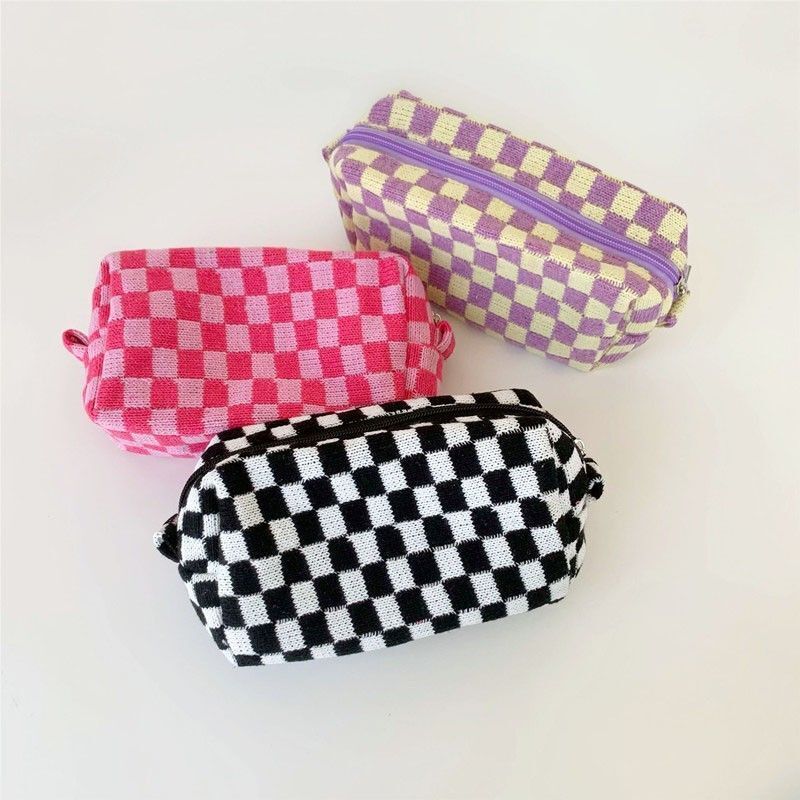 Lattice Cosmetic Bag Knitted Fabric Makeup Organizer Travel Toiletry Beauty Case