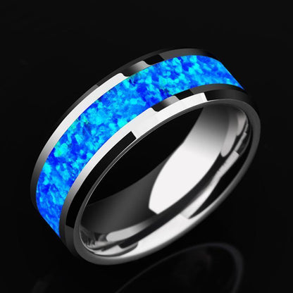 2023 New Luxury 8mm Tungsten Steel Ring Inlaid Blue Opal Wedding Ring Men's Neve