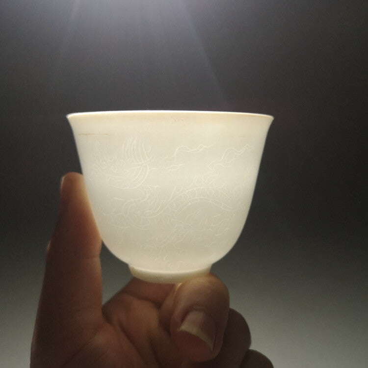 2.5" Good China Jingdezhen Sweet White Carve Porcelain Two Dragon Ultrathin Cups