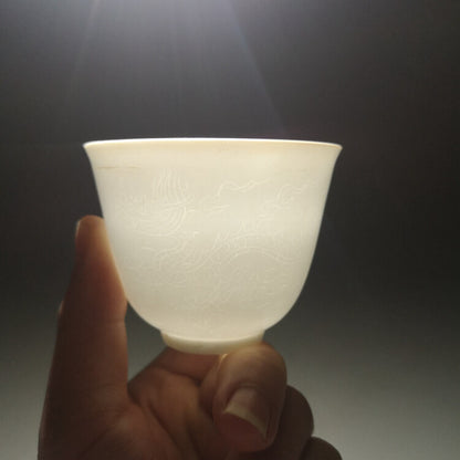 2.5" Good China Jingdezhen Sweet White Carve Porcelain Two Dragon Ultrathin Cups