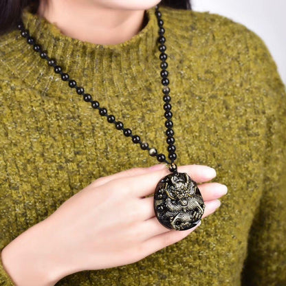 Gold Obsidian Natural Quartz crystal Dragon Statue Pendant Healing + Bracelet