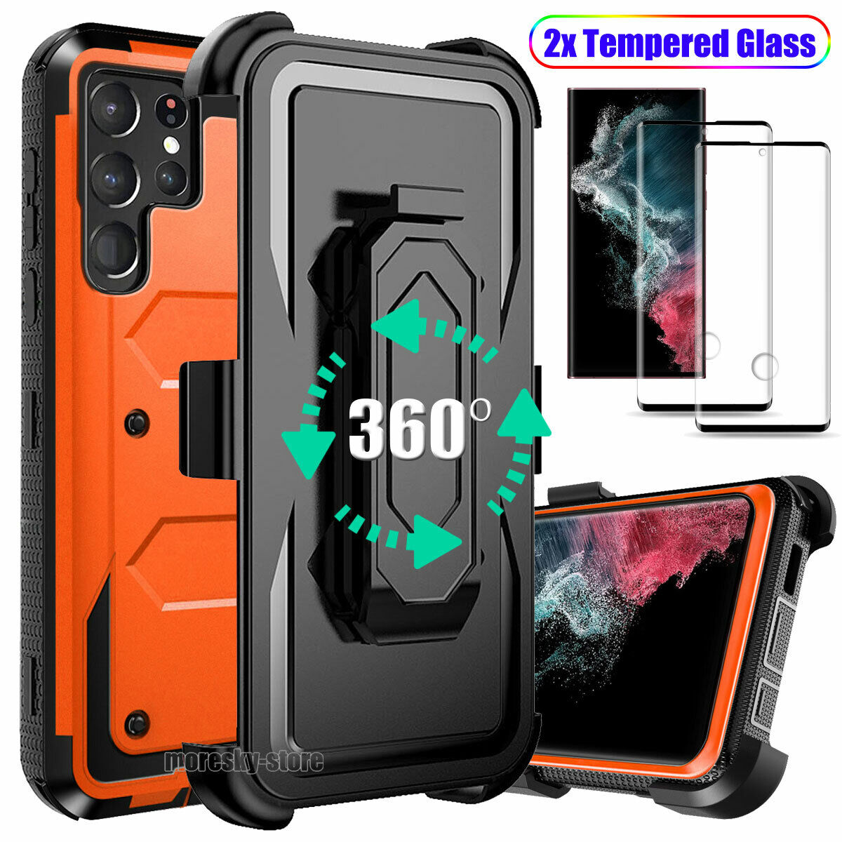Case For Galaxy S22 5G Ultra + Clip Belt Stand Cover / Tempered Glass Protector