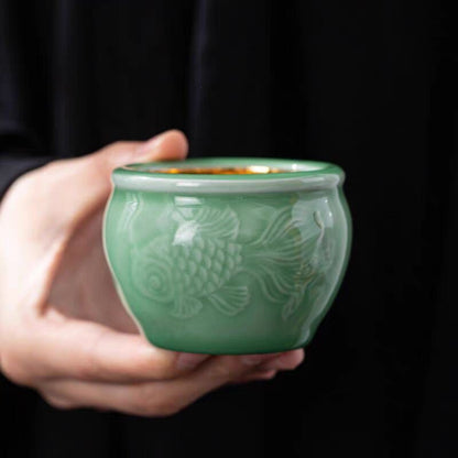 China Longquan Celadon Porcelain Tea Cup Gilding Master Cup Ceramic Fish Carved