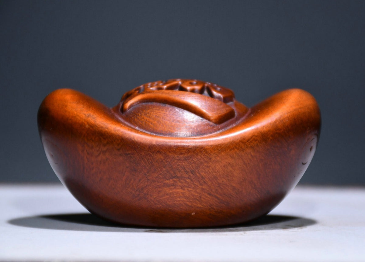 Chinese Wood Boxwood Carved Feng Shui Yuanbao Money Wealth Fortune Sculpture