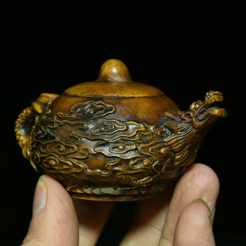 Antique Chinese Boxwood Caved Dragon Cloud Wine design Tea Pot Flagon Statue