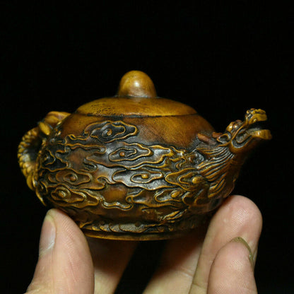Antique Chinese Boxwood Caved Dragon Cloud Wine design Tea Pot Flagon Statue