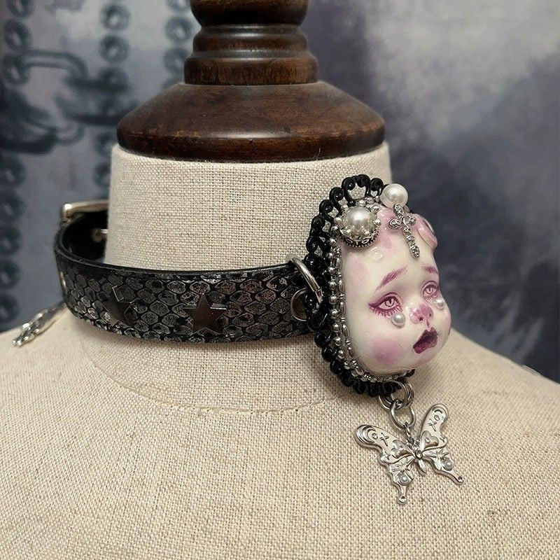 Gothic Crying Doll Head Choker Lace Pearl Butterfly Pendant Necklace