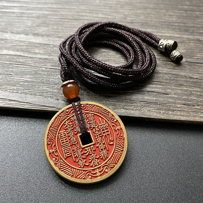 Old Bronze Amulet Pendant Taoist Knot Peace Pendant Cinnabar Necklace