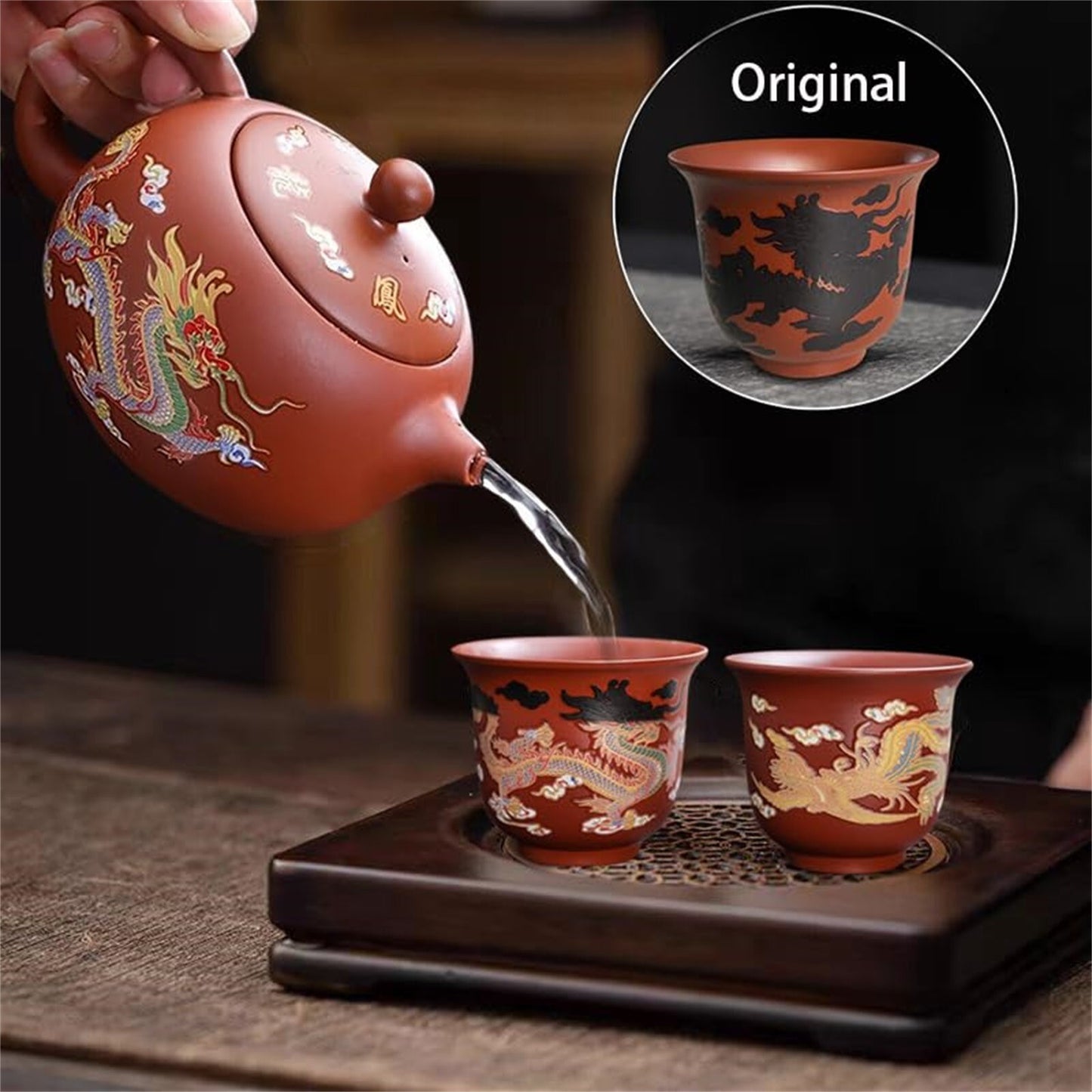 Hand Made Dragon And Phoenix Color Changing Purple Clay Teapot Cup Zisha Tea Set