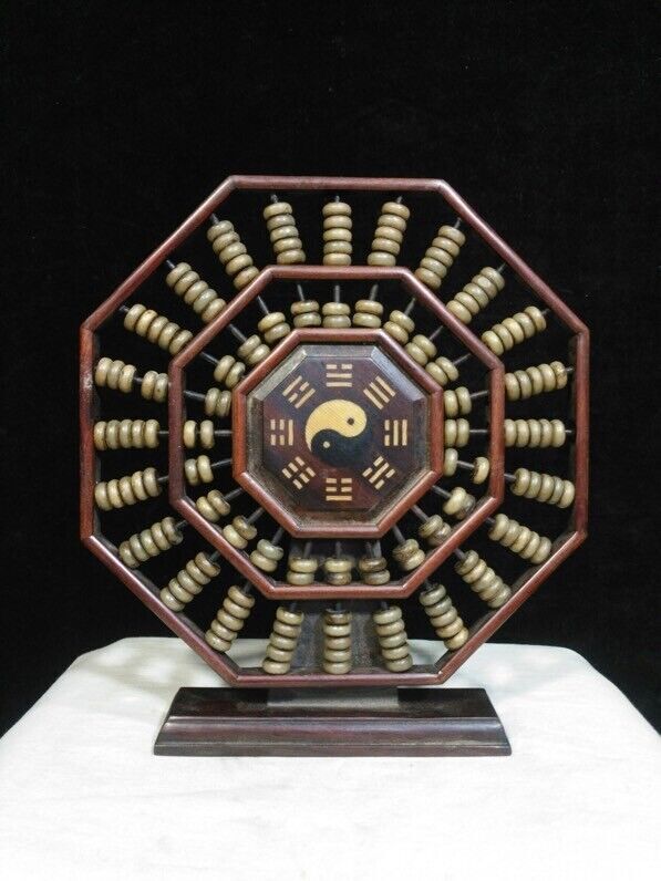 23cm Old Chinese hongtan Wood Tai Ji Ba Gua Counting Frame Lucky Abacus statue