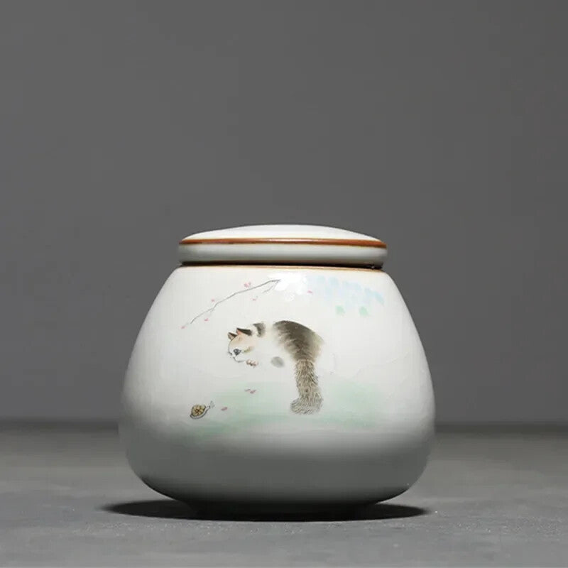Ru Kiln Ceramics Tea Caddy Cute Cat Pattern Sealed Tea Leaf Container