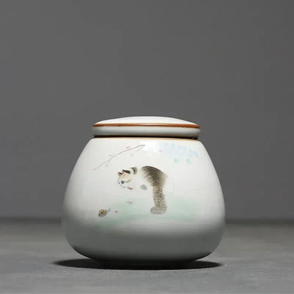 Ru Kiln Ceramics Tea Caddy Cute Cat Pattern Sealed Tea Leaf Container