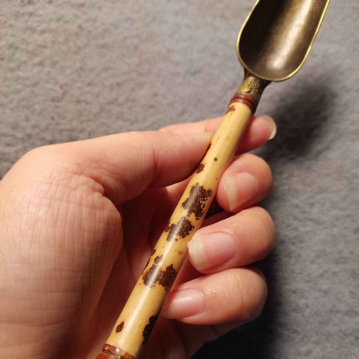 Vintage Xiangfei Bamboo Tea Scoop Brass Ceremony Accessory Spotted Bamboo