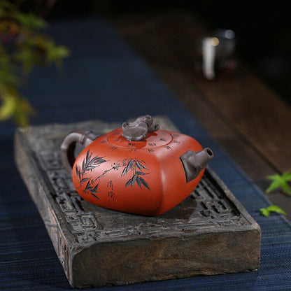 Chinese Tea Pot Bamboo Carved Chinese Character Yixing Zisha Qingshui Clay Pot