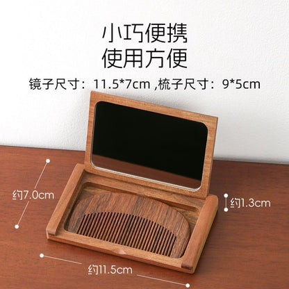 Wooden Folding Mirror 11.5×7cm with Comb Portable Mini Makeup Mirror for Women