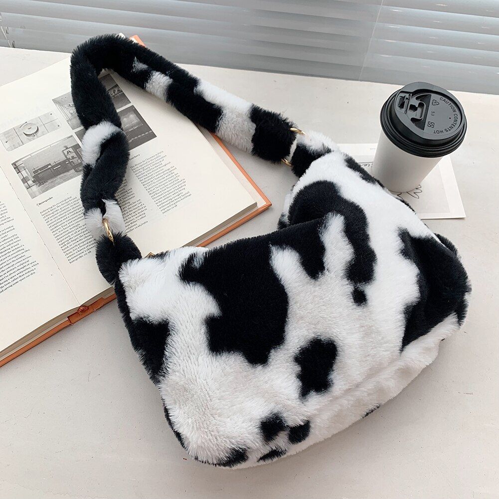 Cow Print Underarm Bag Soft Plush Pink Small Fluffy Shoulder Purse 25*17*7 CM
