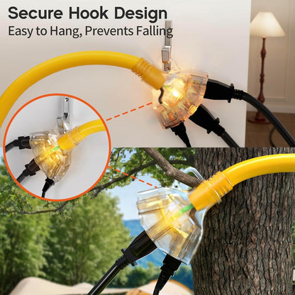 3 Ft 12 Gauge Heavy Duty 3 Outlet Extension Cord Splitter with Indicator, Waterp